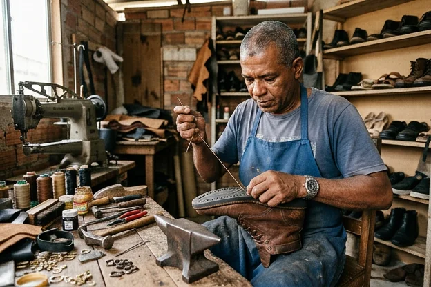 Sapatos em processo de reforma em Maceió, demonstrando técnicas de conserto.